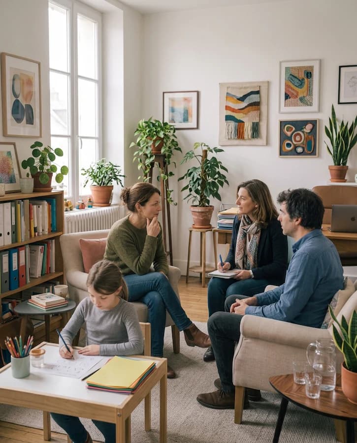 Mère lisant un livre avec sa fille assise contre elle dans une chambre