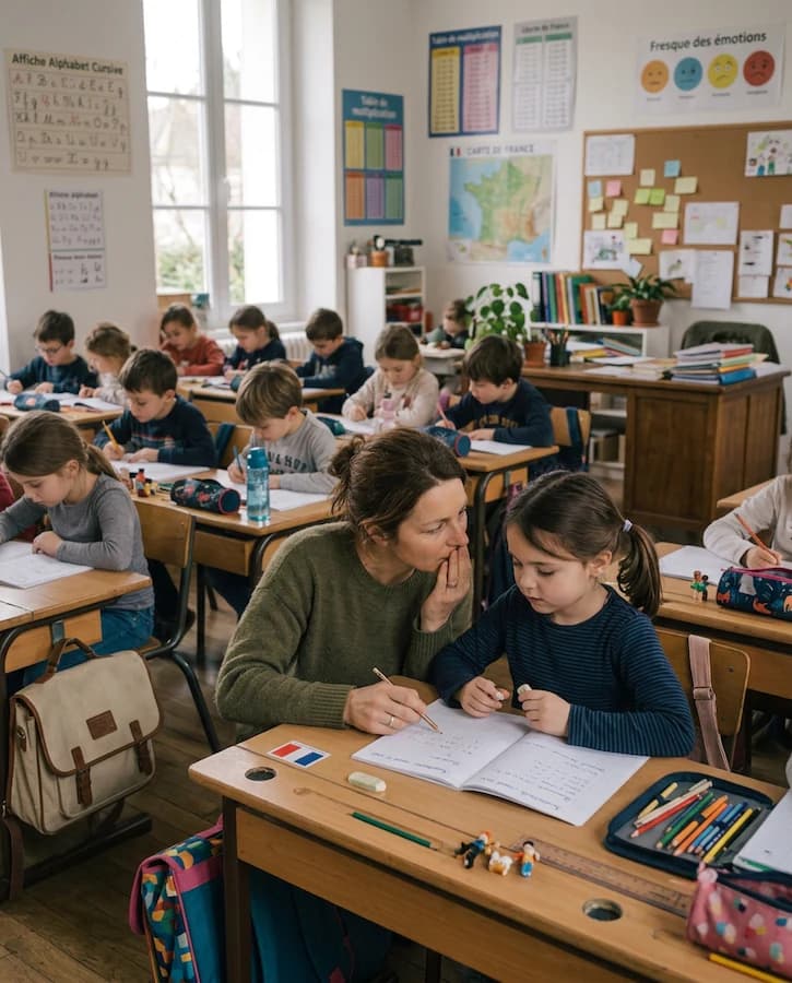 Enseignante penchée auprès d’une élève dans une salle de classe