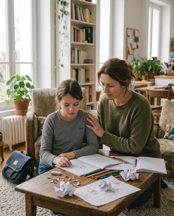 Enfant assise à une table avec des dessins et plusieurs feuilles froissées