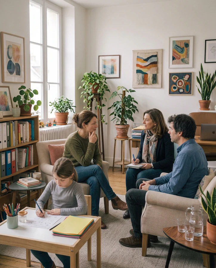 Mère lisant un livre avec sa fille assise contre elle dans une chambre