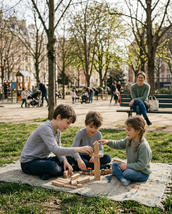 Trois enfants construisant une tour en bois dans un parc