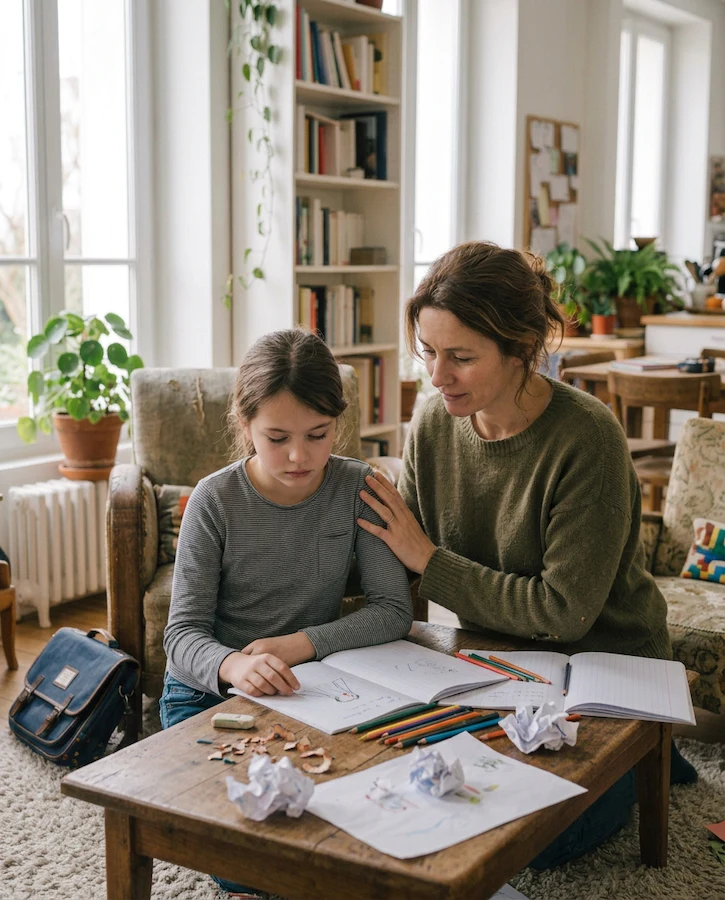 Enfant assise à une table avec des dessins et plusieurs feuilles froissées